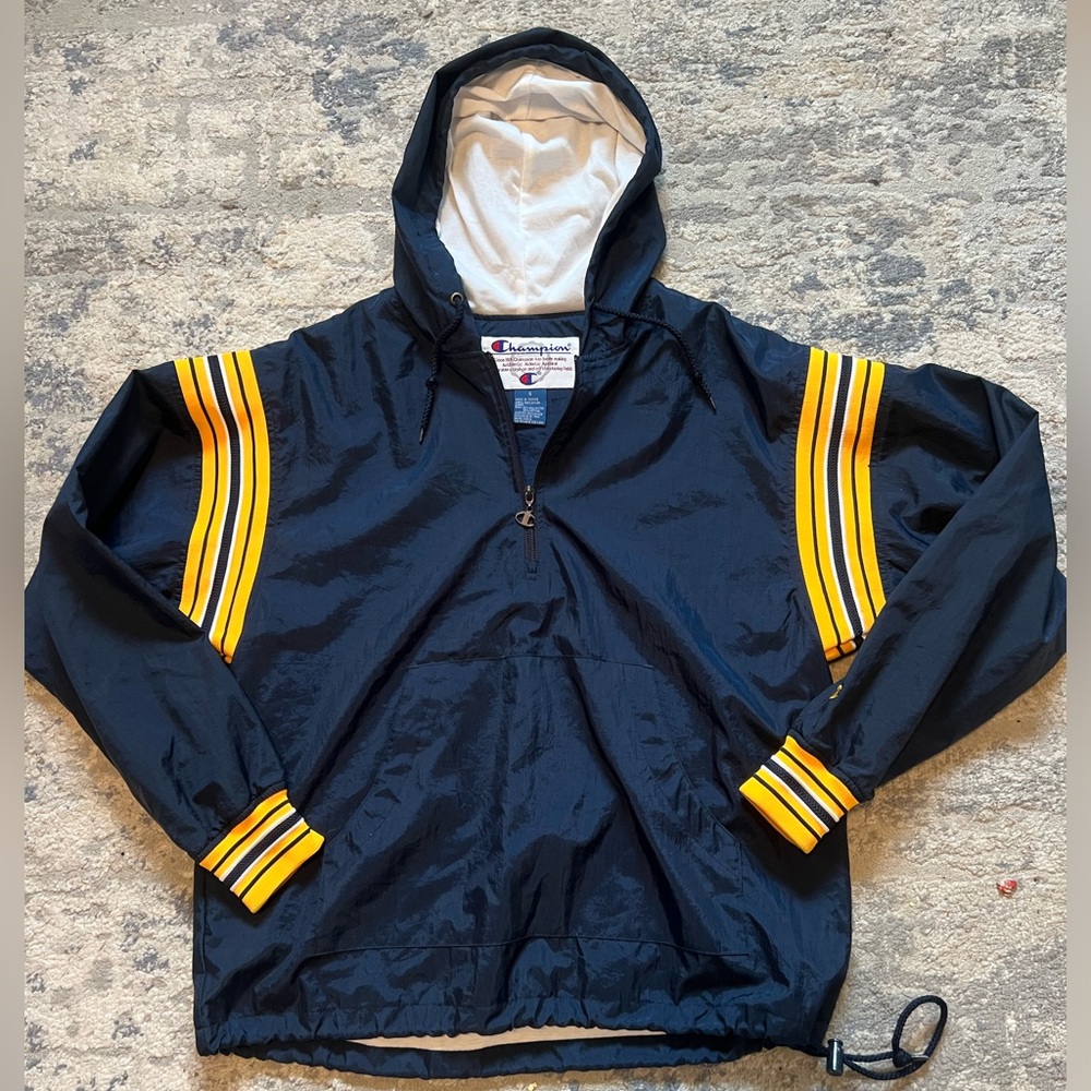 Vintage Champion Lined Windbreaker Pullover Jacket S | 90s Navy/Gold Striped